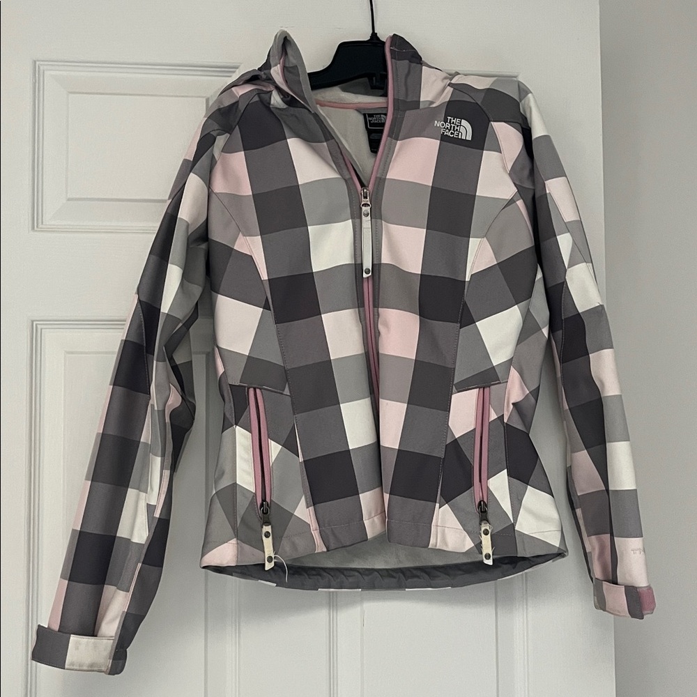The North Face Plaid Jacket in Gray, Pink, and White